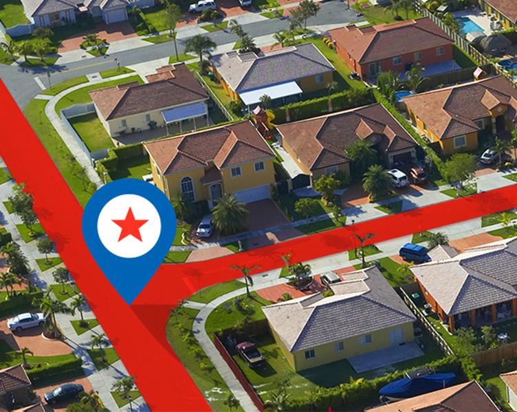 An aerial view highlighting a neighborhood postal route.